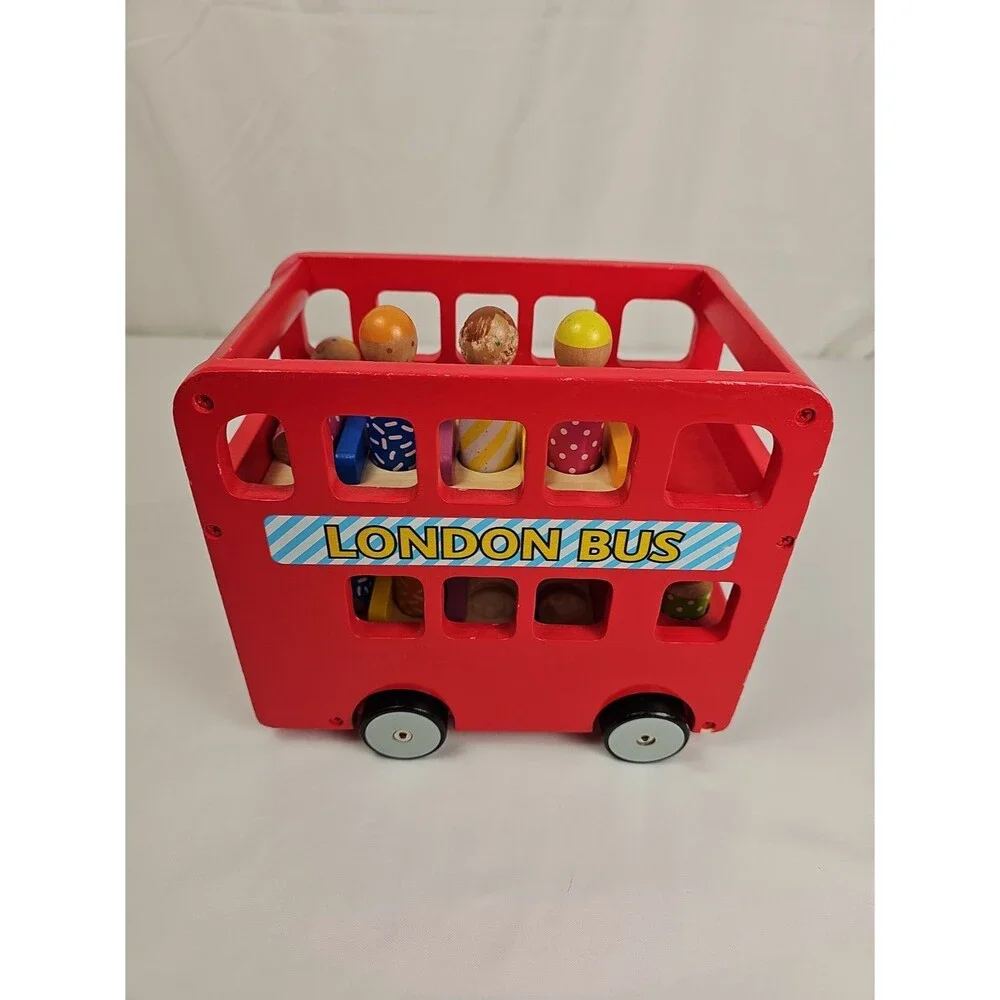 Wooden London Double Decker Bus Toy w 7 Peg People Red Pretend Play